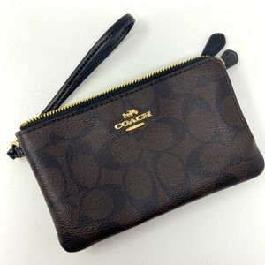 Coach Double Corner Zip Wristlet with Signature Print in Dark Brown